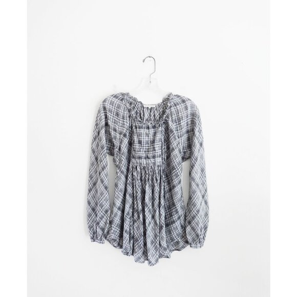 Lee Mathews Grey Plaid Silk Bias Cut Long Sleeve Blouse Peasant Top 1 Small - Picture 1 of 9